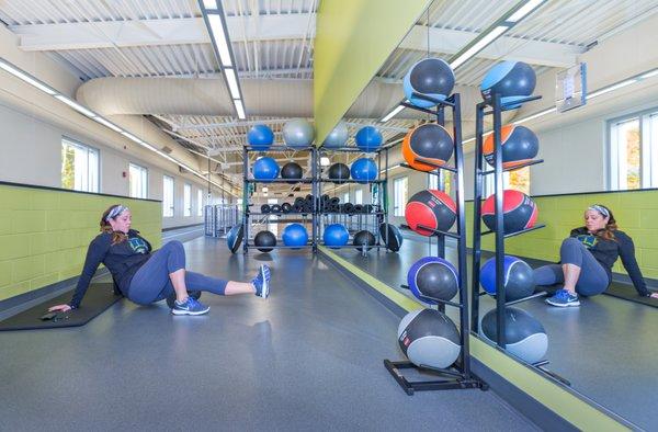 Stretching and free workout area in the Northwest Y Wellness Center.