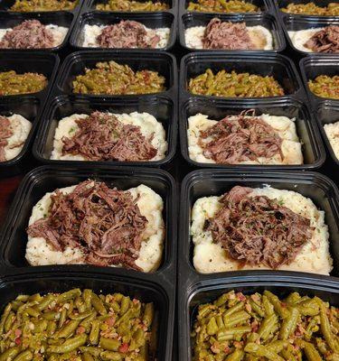 Mississippi Pot Roast over Mash with Bacon Green Beans