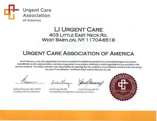 Not all urgent care centers are equal.  Suffolk's First UCAOA Accredited Urgent Care.