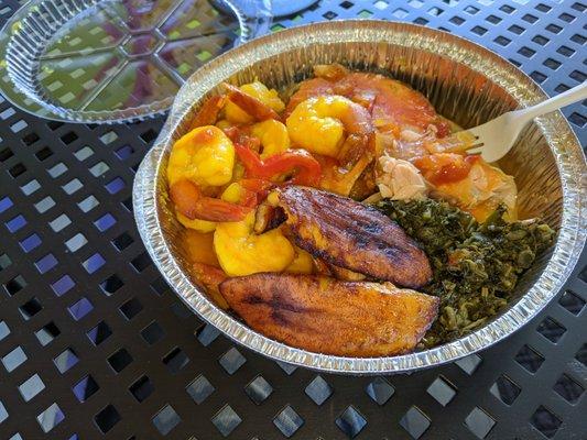 Salmon, curry shrimp, callaloo and plantains