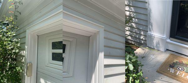 Replaced Old Rotten Garage and Front Door Trim with PVC, Sealed with with Caulk and Painted. Looks Absolutely Stunning...