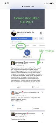 My review posted on Henderson's business Facebook.  The next day, the Reviews section, with review, disappeared.