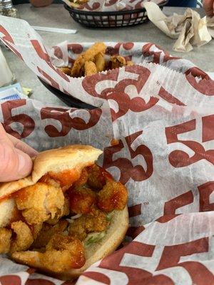 Shrimp burger and onion rings