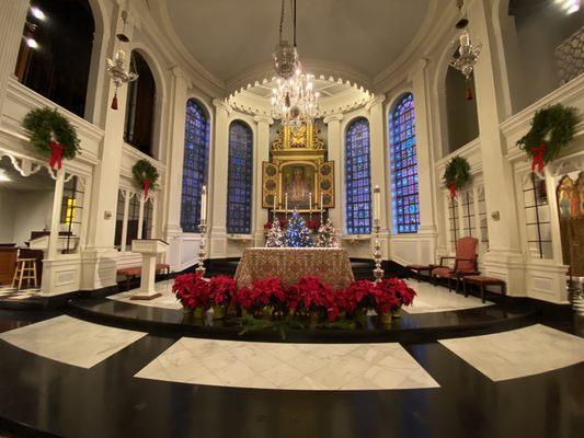 The sanctuary at Corpus Christi Church in Manhattan. Decorated for Christmas.