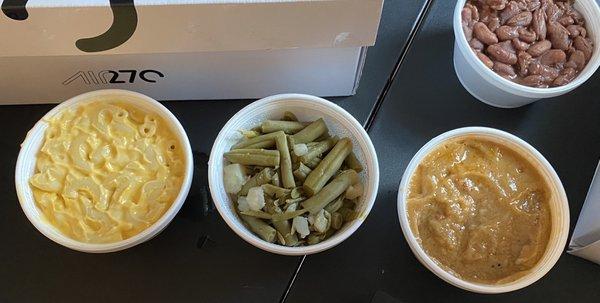 L to R  Mac N Chz, Green Beans w/ potatoes, crawfish étouffée & Red Beans and Rice