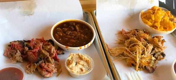 Left - brisket and baked beans with sample of pork dip, and right - pulled pork and mac and cheese.