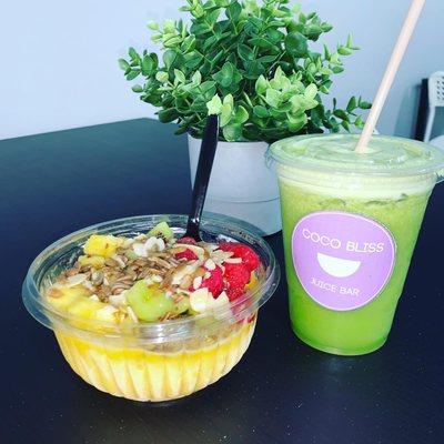 Mighty Mango Bowl and the Coco Greens juice.