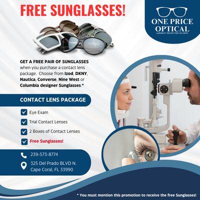 GET A FREE PAIR OF SUNGLASSES when you purchase a contact lens package!