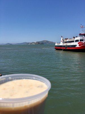 View of Alcatraz and our quart of clam chowder - VN