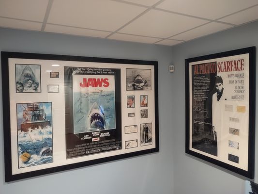 This is the Jaws piece on wall.  It is approximately 65 x 40.  Scarface 27 x 40 is included, to help you appreciate the size of the Jaws.  !