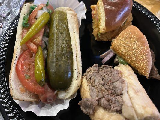 Hot dog, chicken sandwich, burger, and Italian beef