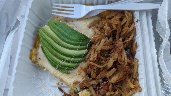 California omelette with shredded home fries and avocado and Monterey Jack cheese