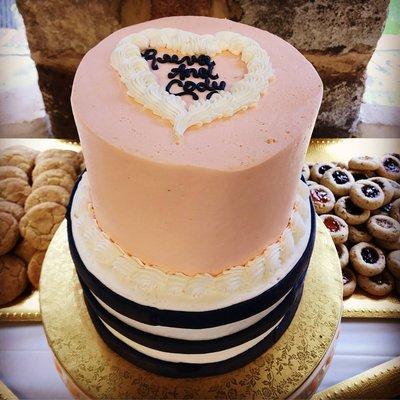 Wedding Shower Cake (peach on top with navy and white stripes on the bottom)