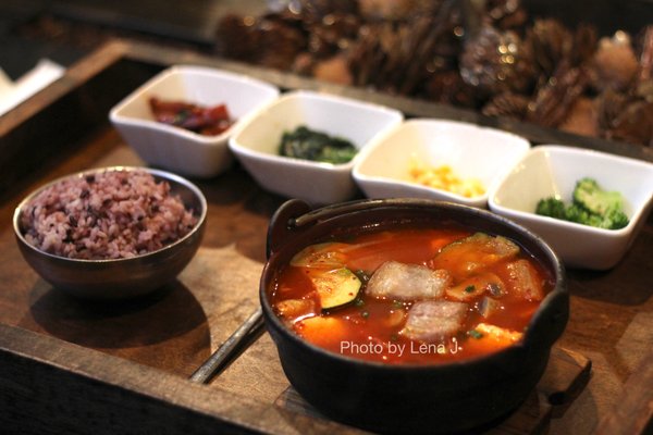 Kimchi Stew ($17.99) - stew w kimchi, pork belly, bok choy, tofu, and vermicelli noodles