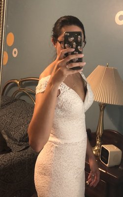 Third fitting, after I took the dress home. You can see there's a huge gap and my small bust is miles below the giant cups she put in.