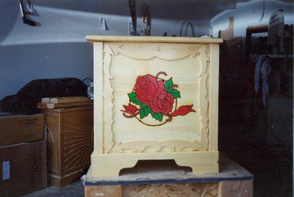 Solid pine hope chest with decorative wood burning