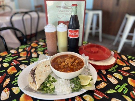 Small menudo with barbacoa taco weekend special