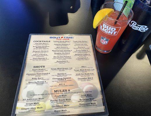 Drink menu and "Fruity Pebbles" drink!