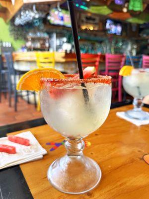 House Margarita on the rocks but with a dab of frozen. Perfect. Every time.