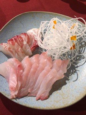 Sashimi served with pickled ginger jelly and scalded Scallion oil (not pictured) at Lazy Susan pop-up on 11.1.2018.