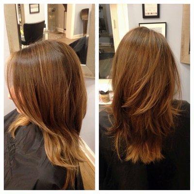 Brunette blonding with long layers.