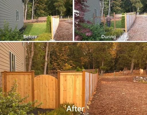 Fencing job we recently did in bothell, this is a premium style of fencing, specially shaped gate, extra trim for aesthetics