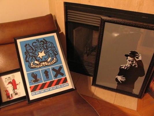 The two on the right were framed by April 7's. Ltd. edition print by Stanley Donwood and Tom Waits piece by an artist off eBay.