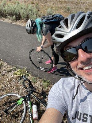 We have a rule that you have to take a selfie while someone in your group is fixing a flat.