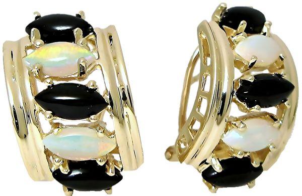 14k-y gold marquise Black Coral and Australian opal pierced post omega earrings.