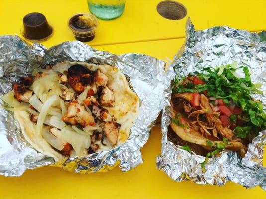 Chicken fajita  taco and puffy chicken taco on the right