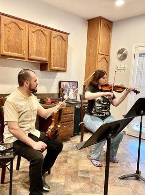 My violin student is sounding great playing her pieces. Her technique and musicality are improving. Proud of her accomplishments!