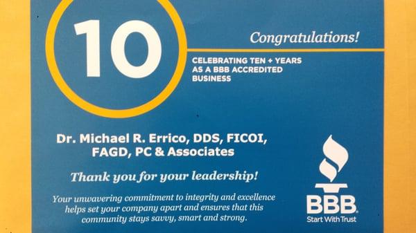 Congratulations Dr. Mike!! Celebrating Ten + Years as a BBB Accredited Business!