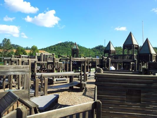 Tons of climbing and plenty of monkey  bars swinging rings, rubber ropes, and swinging rings.