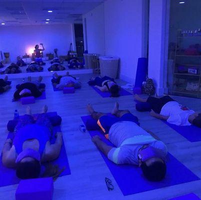 Savasana at Leela Shala style, with chomotherapy light and chamomile eye pillow.