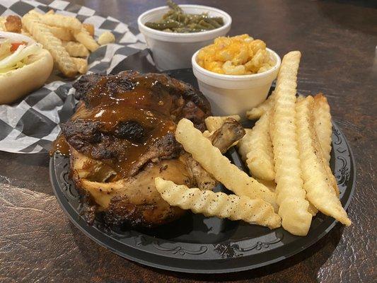 Half chicken, fries, mac and cheese, green beans