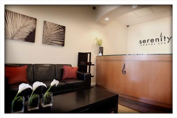 The modern reception area at Serenity Dental Spa.