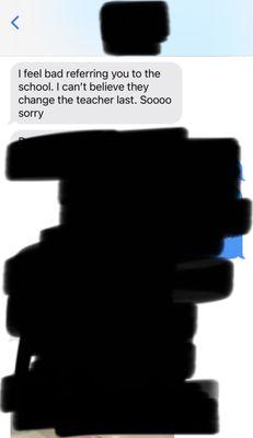 Convo I had with the person who suggested this school to us.