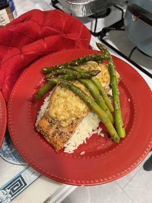 Crab Stuffed Salmon w/Garlic Butter Asparagus over Seasoned White Rice