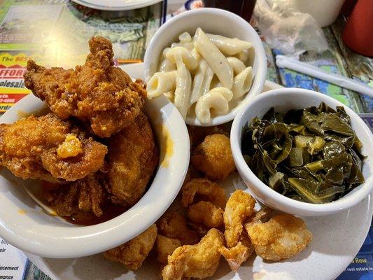 Mild Wings, Shrimp, Collard Greens and Macaroni & Cheese.