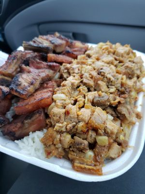 Grilled pork bbq and sisig over rice.