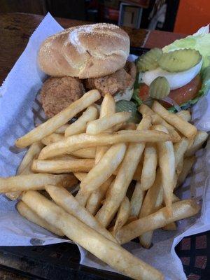 Pork tenderloin sandwich with fries