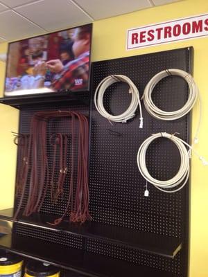 Lariats and bridles lead to the clean restrooms