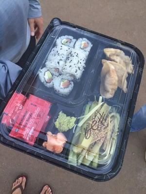 $10 bento box (philly roll, gyoza, cucumber salad)