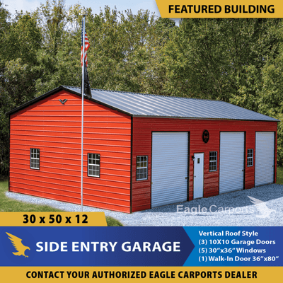 30x50x12 Vertical Roof Side Entry Garage from Eagle Carports! Only $943/month Rent-to-Own or $18,665 cash, installed on concrete! (TX-VA)