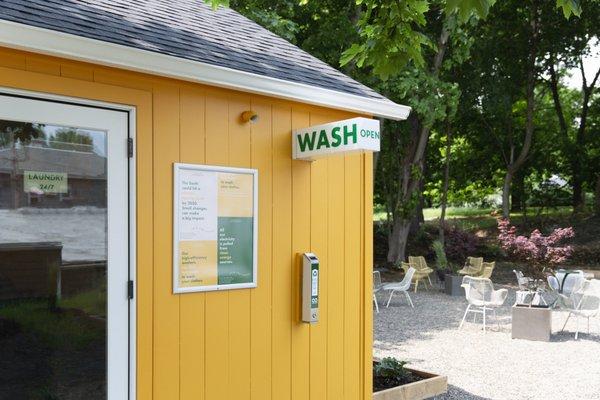 Laundromat entrance and back patio