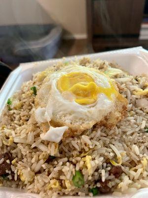 F3 Filet Beef Fried Rice with Added Fried Egg (came so hot, you can see the steam!)