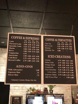 Coffee menu