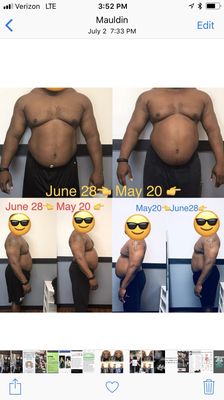 Client, before and about 5 weeks into training and nutritional help with me.