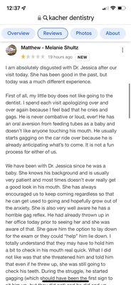 Google review that Kacher Pediatric Dentistry had removed.