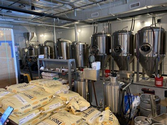 Brewing Kettles and Fermenters in the Back